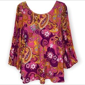 Vintage NWT 70s Floral Mod Paisley Long Sleeve Blouse Bell Sleeves Size L or XL